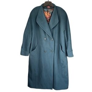 Vintage‎ 80s Alorna Oversized Wool Blend Coat Teal Blue Double Breasted USA